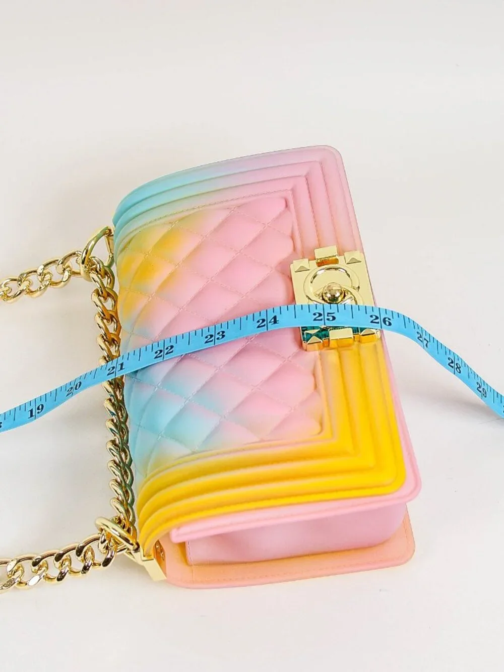 Pastel Rainbow Jelly Crossbody Bag Gold Chain Strap Quilted Candy Color Purse
